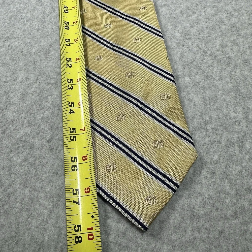 Brooks Brothers Silk Repp Tie Gold Navy Blue Striped Logo Embroidery Made In USA